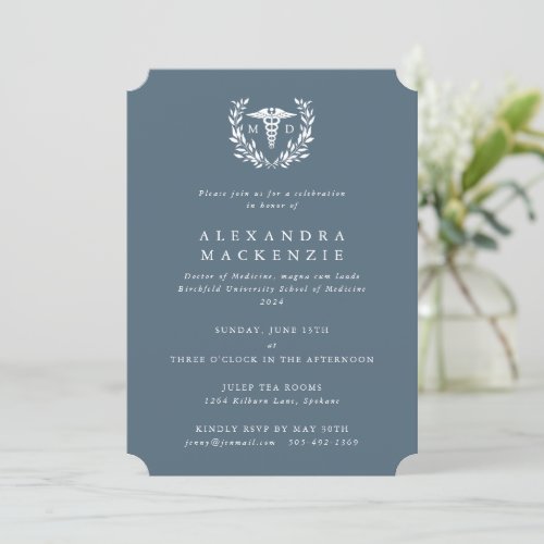 Blue_Gray MD CaduceusLaurel Wreath Graduation Invitation