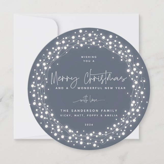 Blue-Gray Merry Christmas Script Sparkling Lights Holiday Card (Front)