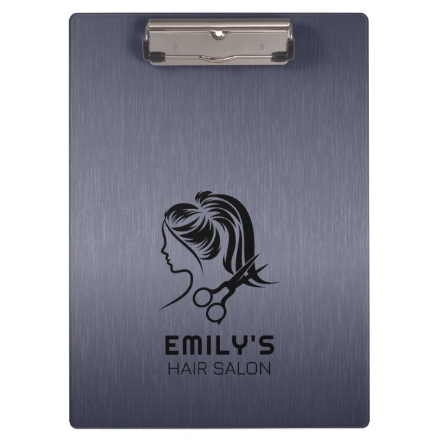 Blue-Gray Metallic Texture Hair Salon Logo Clipboard (Front)