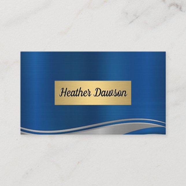 Blue Gray Metallic Wave Gold Frame Business Card (Front)