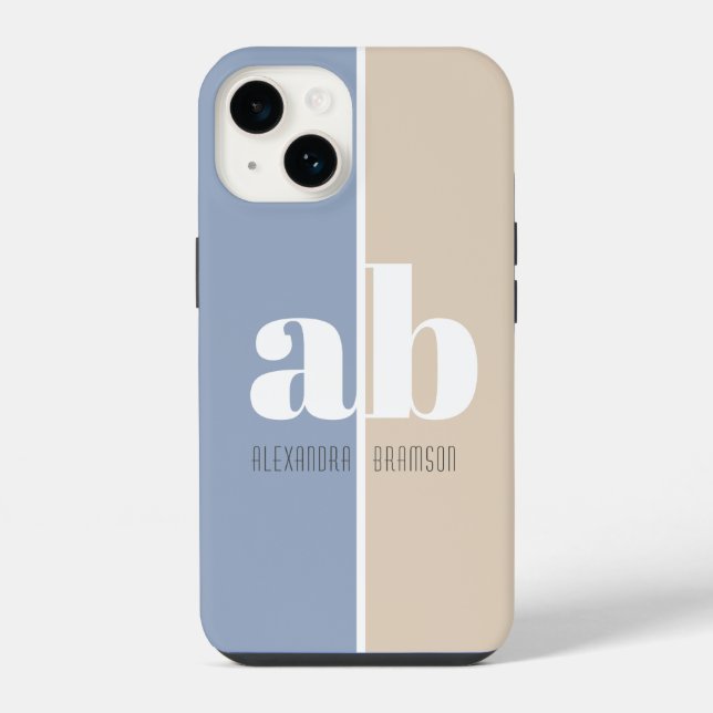 Blue & Gray Minimalist Monogram Name & Initials Iphone Case (Back)