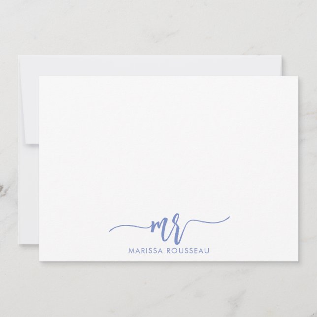 Blue Gray Modern Script Initial Name Note Card (Front)