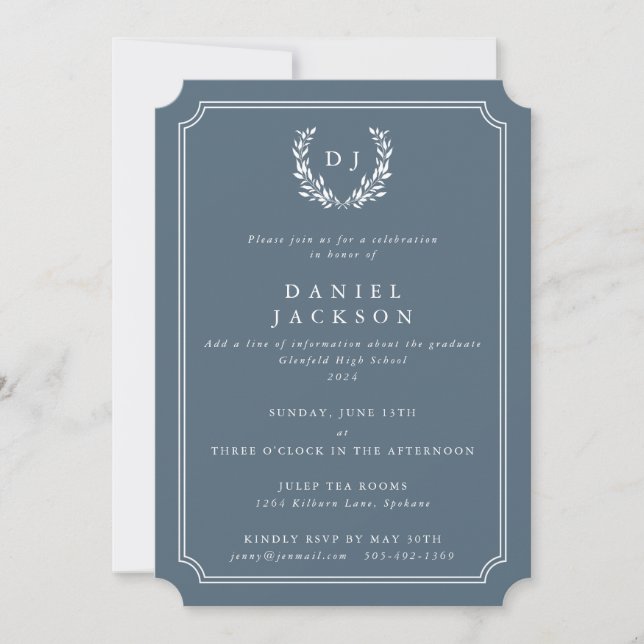 Blue-Gray Monogram Laurel Wreath Graduation Invitation (Front)