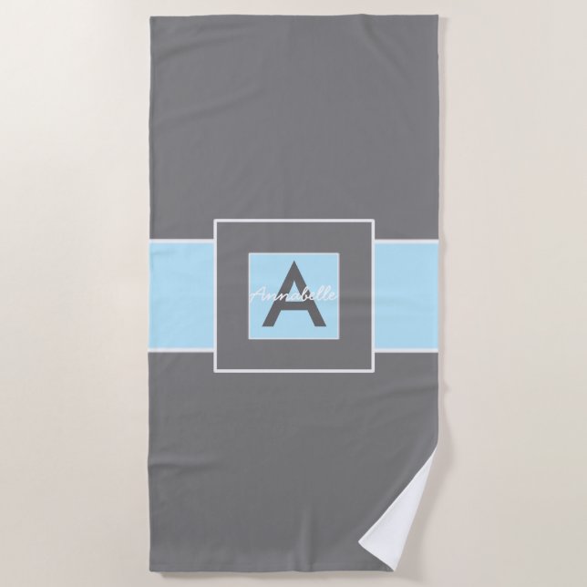Blue Gray Monogram Personalized Beach Towel (Front)