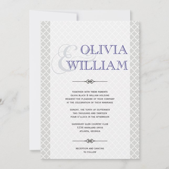 Blue gray Moroccan tile ampersand modern wedding Invitation (Front)