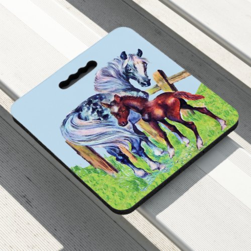 Blue Gray Mother Horse With Baby Colt Fence Grass  Seat Cushion