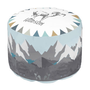 Blue Gray Mountain Cowboy On Horse Mountain Ram Pouf