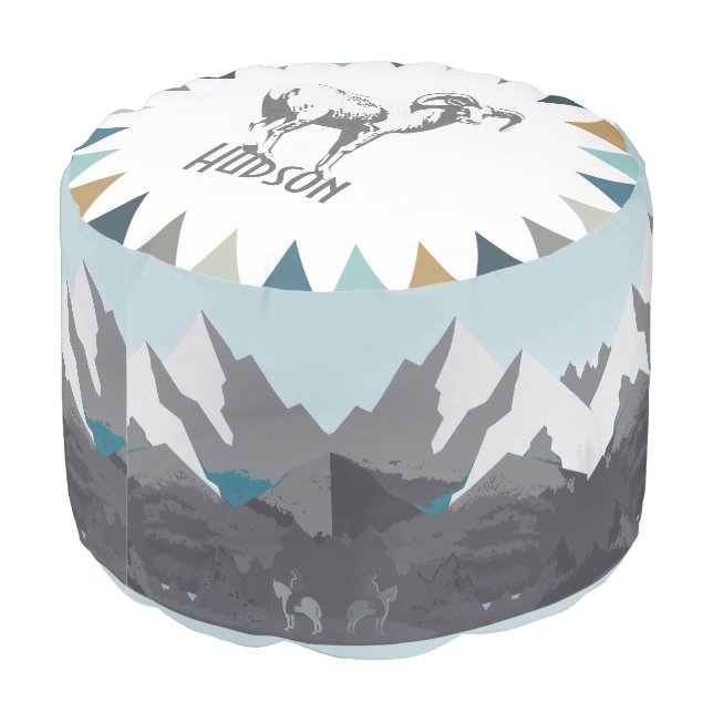 Blue Gray Mountain Cowboy On Horse Mountain Ram Pouf (Angled Back)