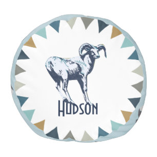 Blue Gray Mountain Cowboy On Horse Mountain Ram Pouf