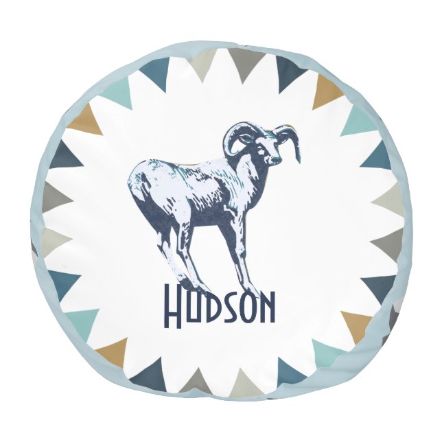 Blue Gray Mountain Cowboy On Horse Mountain Ram Pouf (Top)