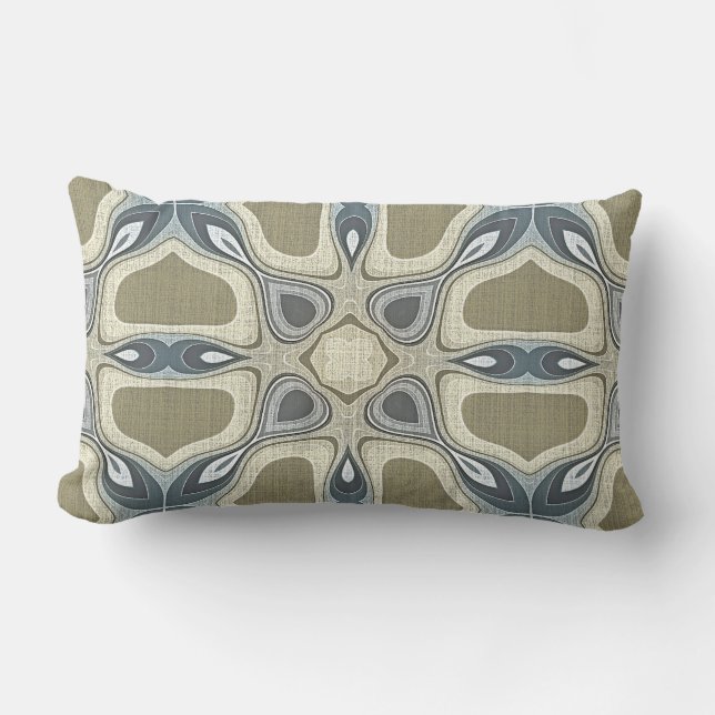 Blue Gray Mustard Ochre Green Orient Tribal Art Lumbar Pillow (Front)