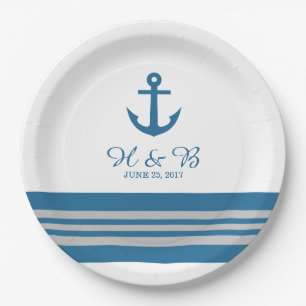 Blue Gray Nautical Anchor Wedding Paper Plates