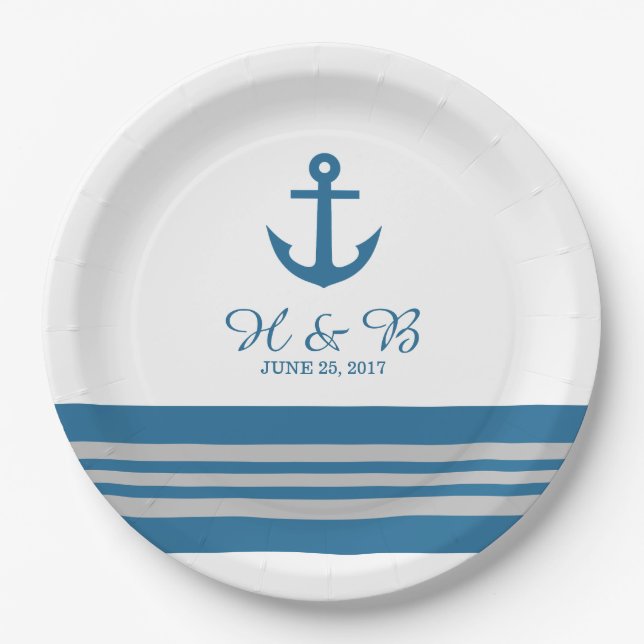 Blue Gray Nautical Anchor Wedding Paper Plates (Front)