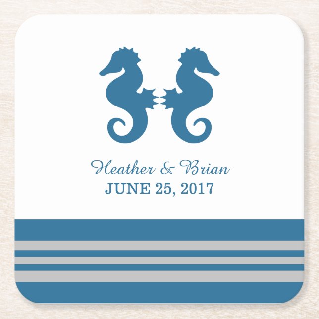 Blue Gray Nautical Seahorse Paper Coasters (Front)