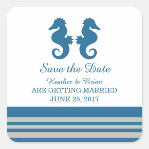 Blue Gray Nautical Seahorse Save the Date Square Sticker