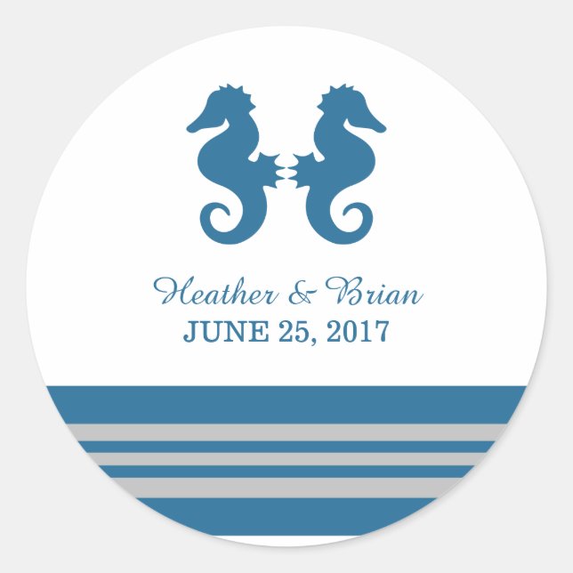 Blue Gray Nautical Seahorse Wedding Stickers (Front)