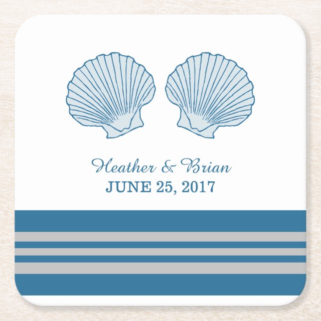 Blue Gray Nautical Seashells Paper Coasters (Front)
