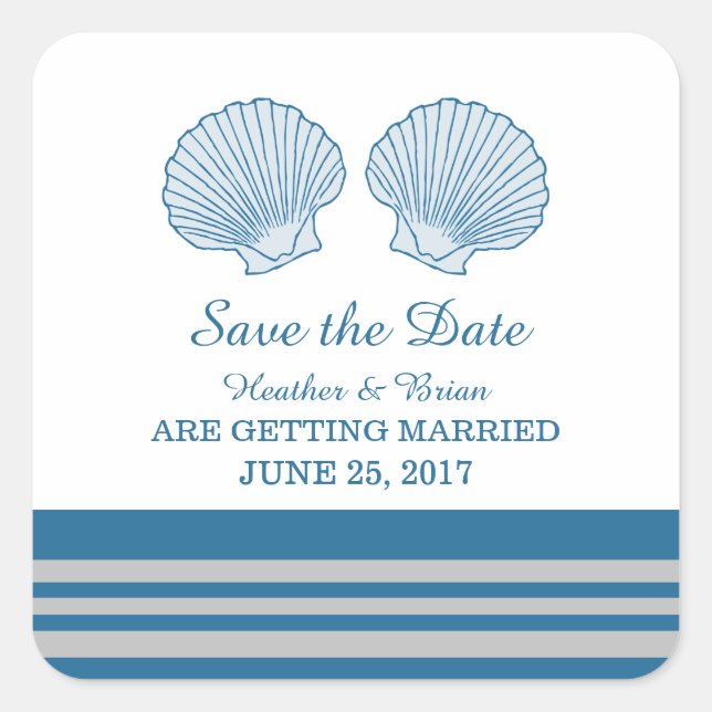 Blue Gray Nautical Seashells Save the Date Square Sticker (Front)