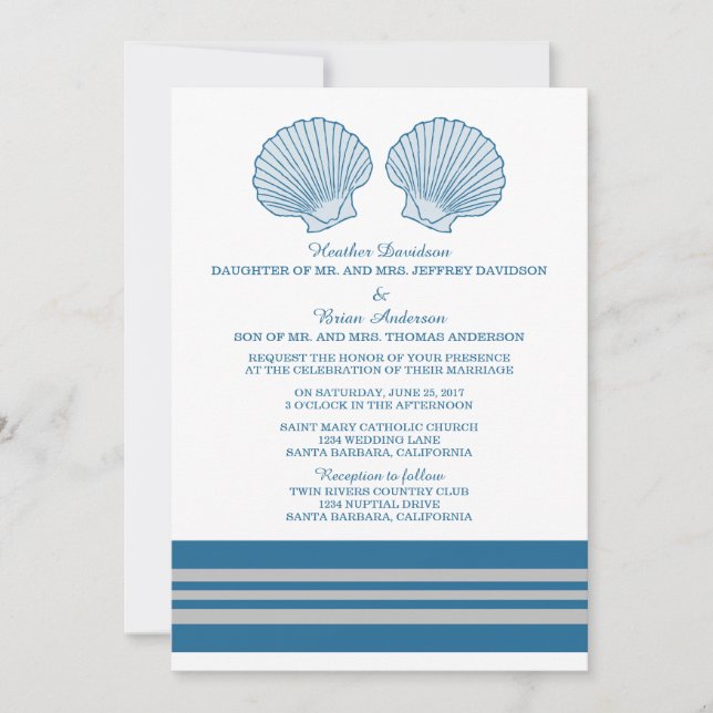 Blue Gray Nautical Seashells Wedding Invite (Front)