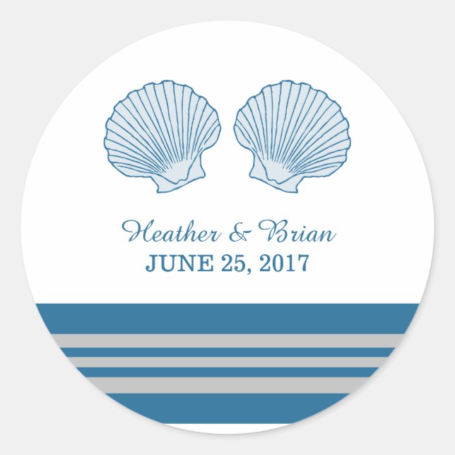Blue Gray Nautical Seashells Wedding Stickers (Front)