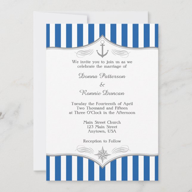 Blue Gray Nautical Wedding Invitation (Front)
