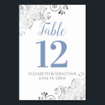 Blue Gray on White Elegant Frilly Wedding Table Number<br><div class="desc">These beautiful wedding table number cards feature a simple yet elegant design with light blue gray script calligraphy on a white background with a frilly silver faux foil floral filigree in the corners. Perfect way to make your wedding reception beautiful and help your guests find the right table at the...</div>