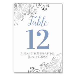 Blue Gray on White Elegant Frilly Wedding Table Number