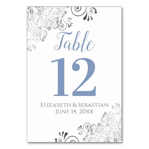 Blue Gray on White Elegant Frilly Wedding Table Number