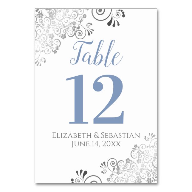 Blue Gray on White Elegant Frilly Wedding Table Number (Front)