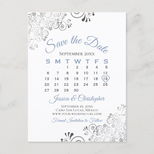 Blue Gray on White Wedding Save the Date Calendar Announcement Postcard