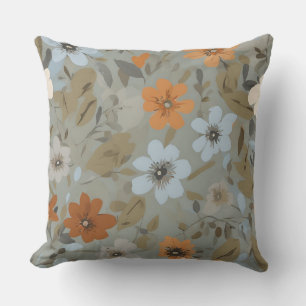 Blue Gray Orange Brown Modern Floral Throw Pillow