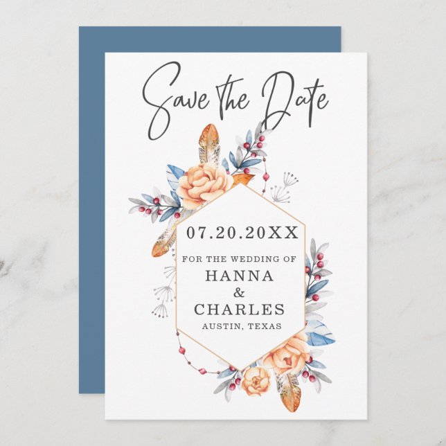 Blue Gray Orange Floral Geometric Frame Wedding  Save The Date (Front/Back)