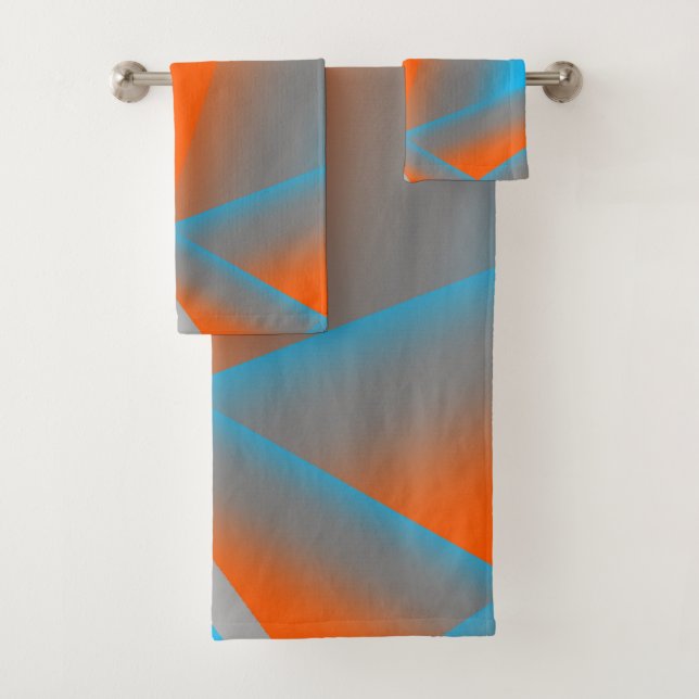 Blue Gray Orange Ombre Geometric Abstract Art Bath Towel Set (Insitu)