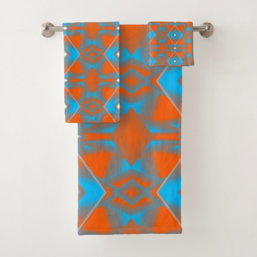 Blue Gray Orange Ombre Geometric Abstract Art Bath Towel Set