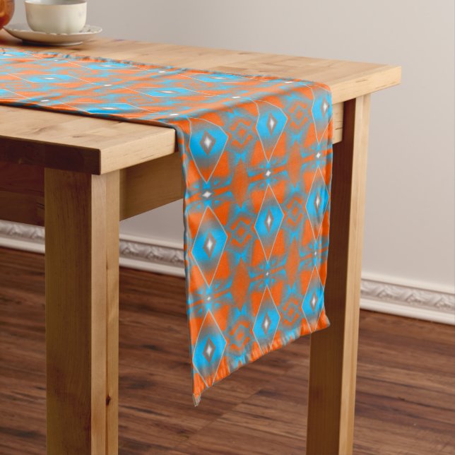 Blue Gray Orange Ombre Geometric Abstract Art Short Table Runner (In Situ)