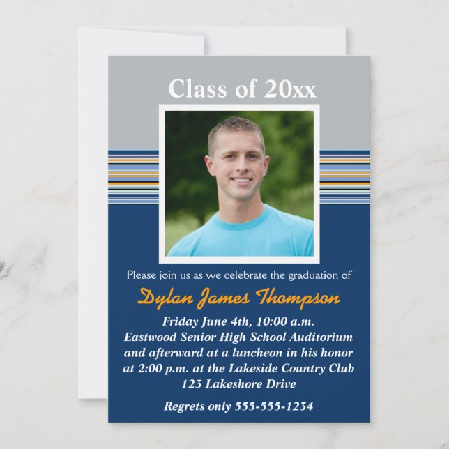 Blue, Gray, Orange Photo Graduation Invitation (Front)