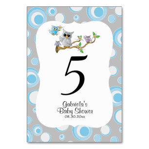 Blue & Gray Owl Baby Shower Theme Table Numbers
