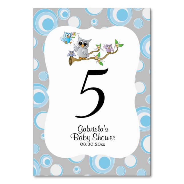 Blue & Gray Owl Baby Shower Theme Table Numbers (Front)