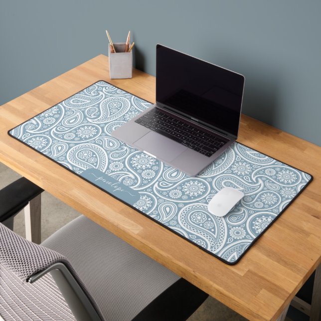 Blue-gray paisley pattern custom monogram desk mat (Office 2)