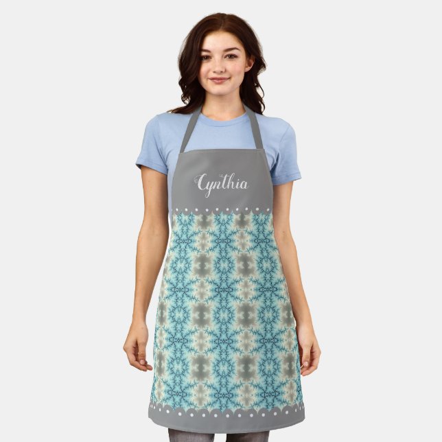 Blue, gray pattern of abstract fractal snowflakes apron (Worn)