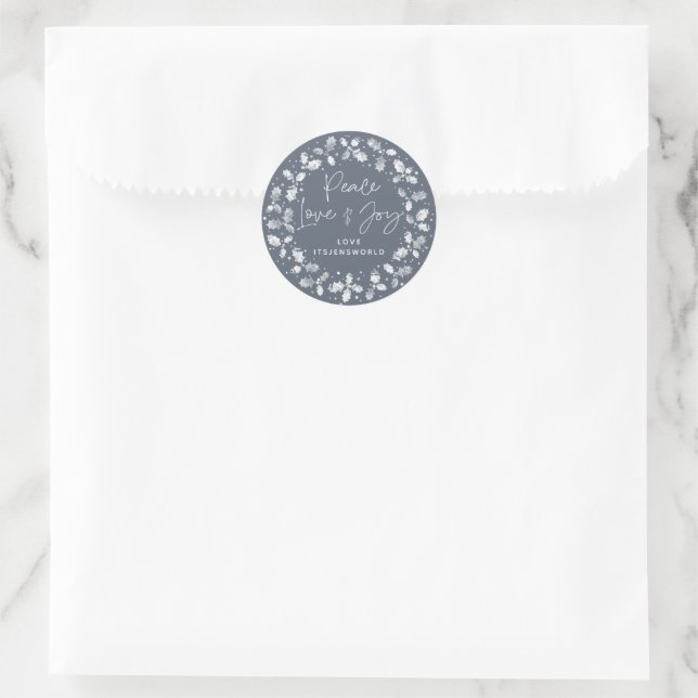 Blue-Gray Peace Love+Joy Holly Wreath Classic Round Sticker (Bag)