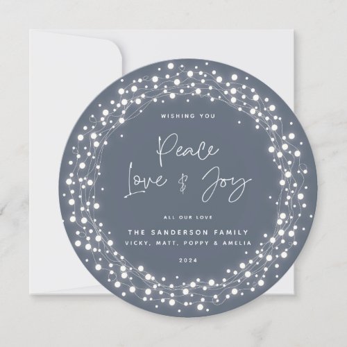 Blue_Gray Peace LoveJoy Script Sparkling Lights Holiday Card