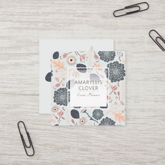 Blue Gray Peach Playful Mix Tossed Flowers Square Business Card (Front/Back In Situ)