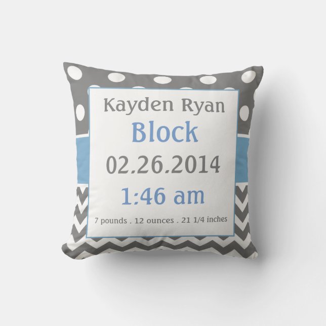 Blue Gray Personalized Baby Announcement Pillow (Front)