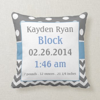 Blue Gray Personalized Baby Announcement Pillow by mybabytee at Zazzle