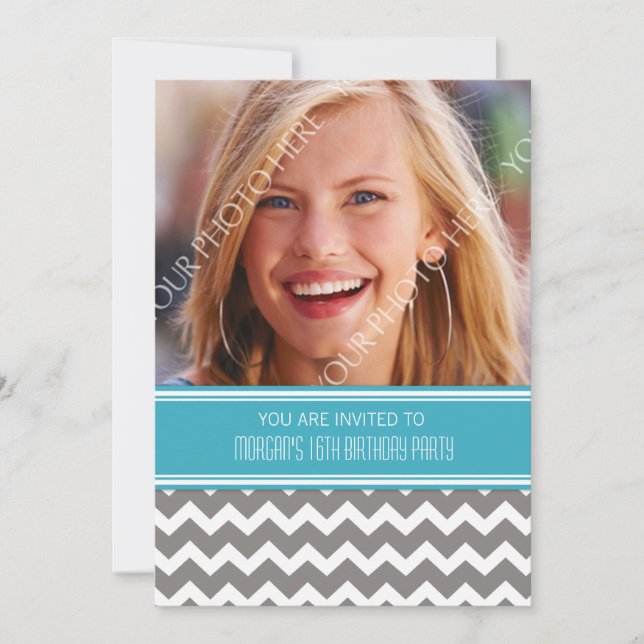 Blue Gray Photo 16th Birthday Party Invitations (Front)