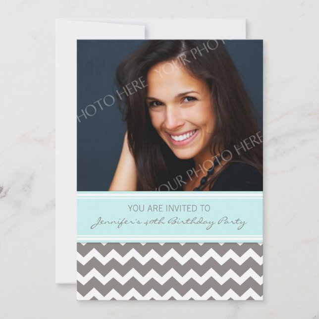 Blue Gray Photo 40th Birthday Party Invitations (Front)