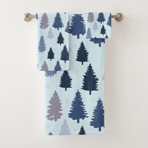 Blue Gray Pine Christmas Trees And Snowflakes Bath Towel Set