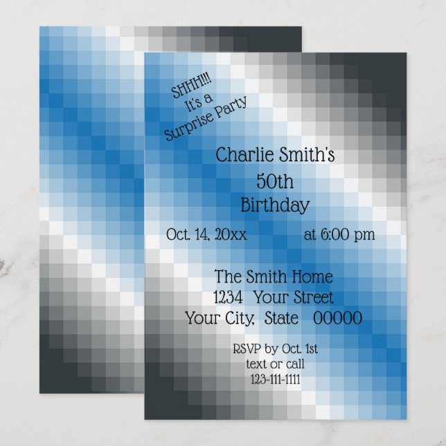 Blue Gray Pixel Party Invitation (Front/Back)