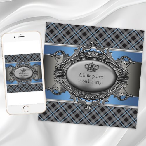 Blue Plaid Crown Little Prince Boy Baby Shower Custom Announcements
